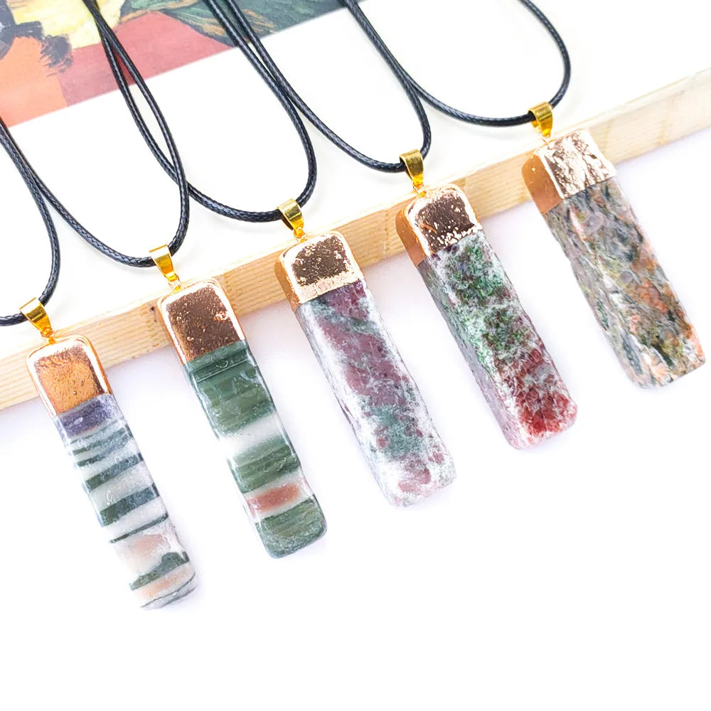Natural Stone Rectangular Shape Pendant Irregular Stripes Colorful Gemstone Necklace Pendant
