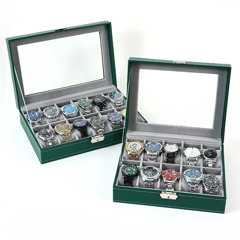Luxury Leather Watch Box Organizer for Men 6/10/12 Slot Watch Display Case Glass Lid Dark Green Wood Inner Durable Water