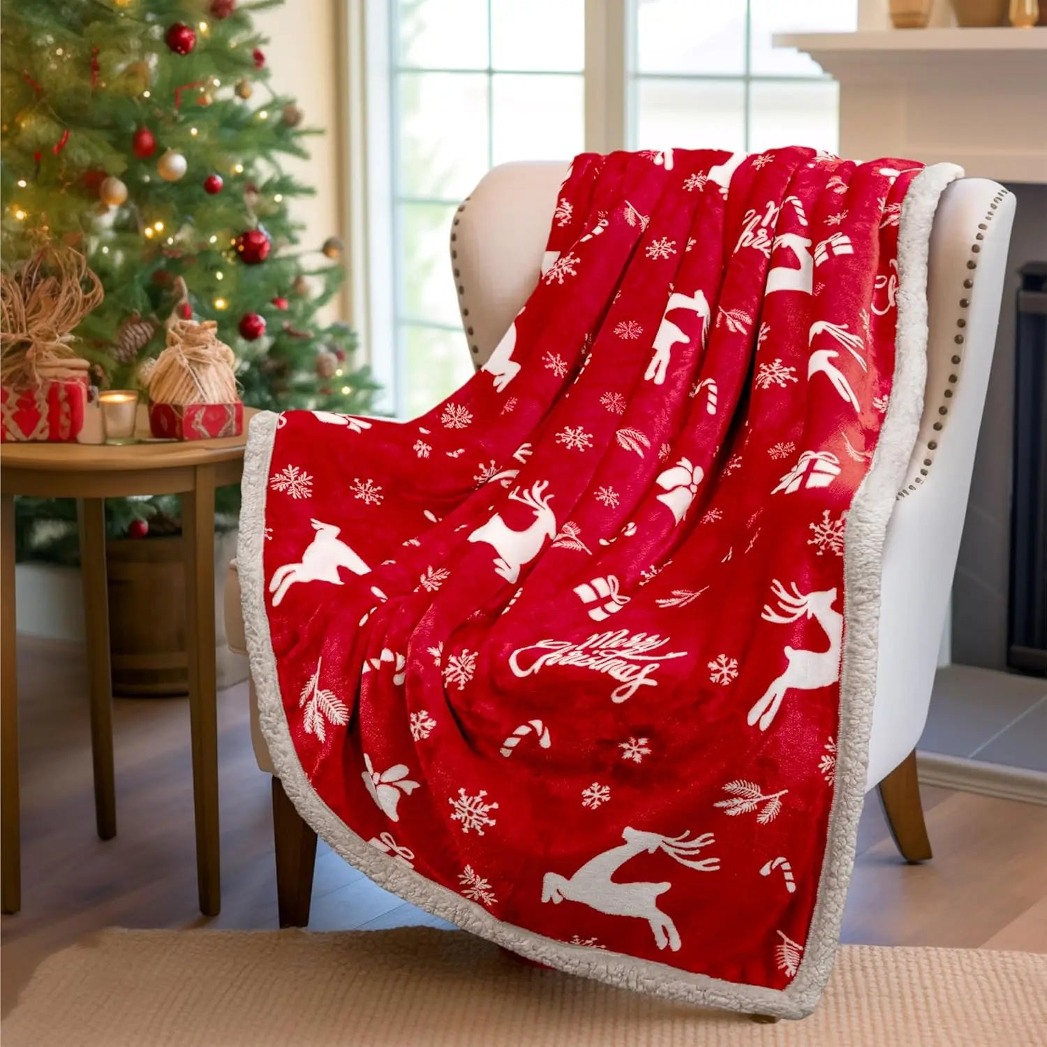 Premium Printed Christmas Sherpa Throw Blanket Eco-Friendly Anti-Pilling Winter King Size Warm Thick Decorative Blanket