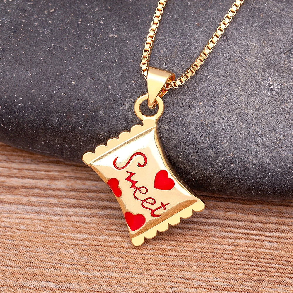 QIKU Wholesale  Candy Shape Design Colorful Pendant Necklace Neck Chain Copper Cubic Zircon Lady Sweet Jewelry Gift