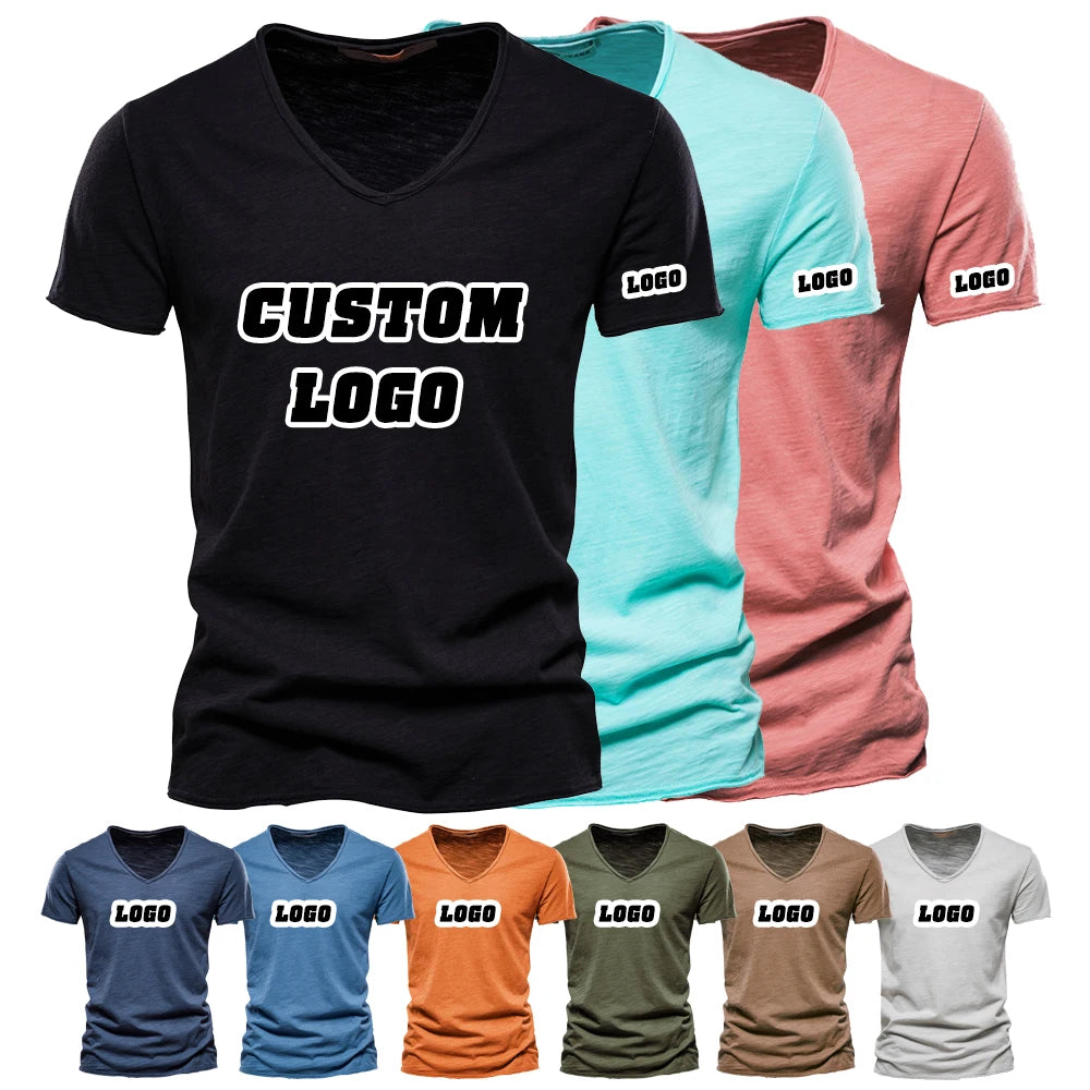 DOVEARK 2022 European Men Summer V-neck Slub Cotton T-shirt Clothing Short Sleeve Solid Soft Tops Men Youth Casual Basic T-shirt