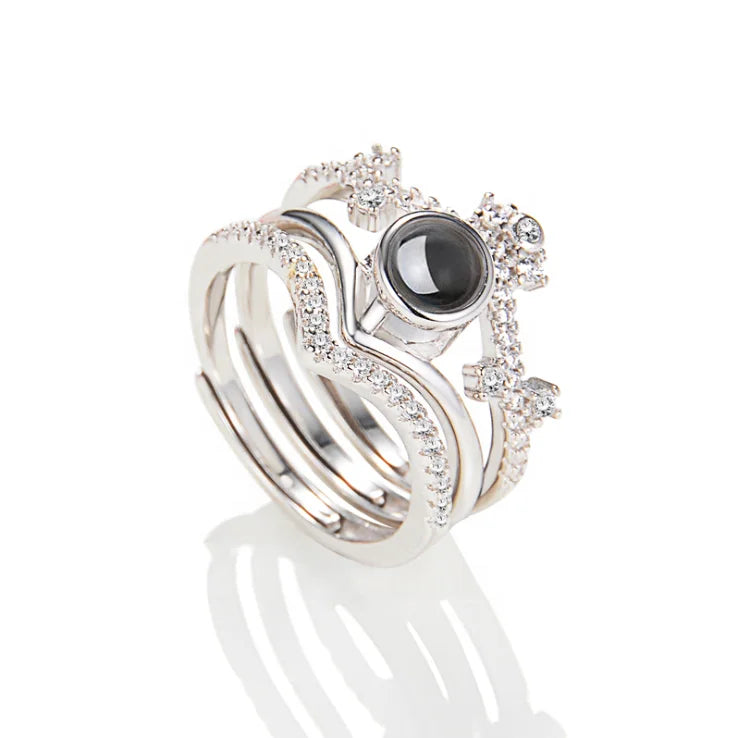 Isunni Jewelry 3 in 1 Detachable Multi-wearing Crown Projection 100 Languages I love You S925 Sterling Silver Combination Rings