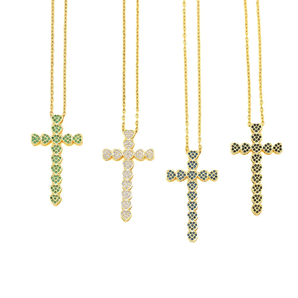 PVD 18K Gold Plated Diamond Cross Necklace Stainless Steel Chain Micro Paved CZ Zirconia Heart Shaped Cross Pendant Necklace