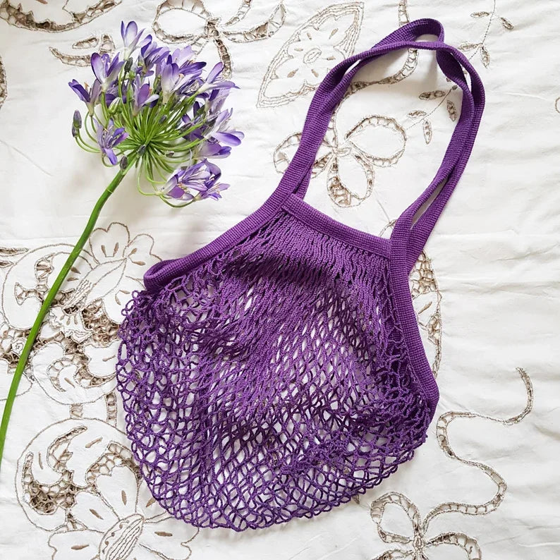 Large Capacity Cotton Mesh Beach Bags Violet Purple Net Tote Bags With Handle