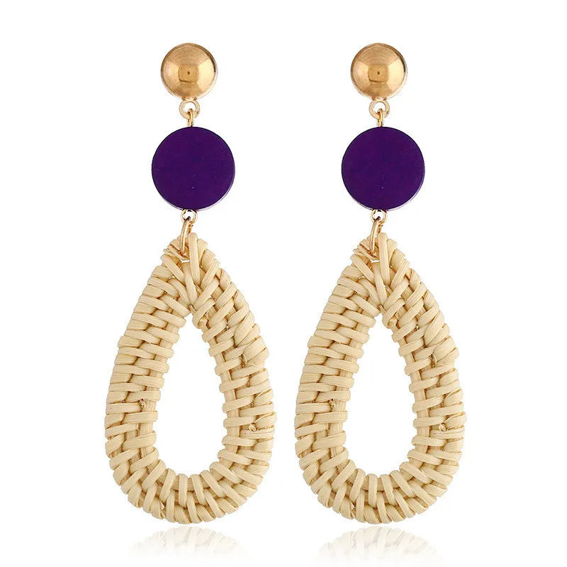 Hot Sale Handmade Women Wood Earring Knit Rattan Earring Straw Earrings