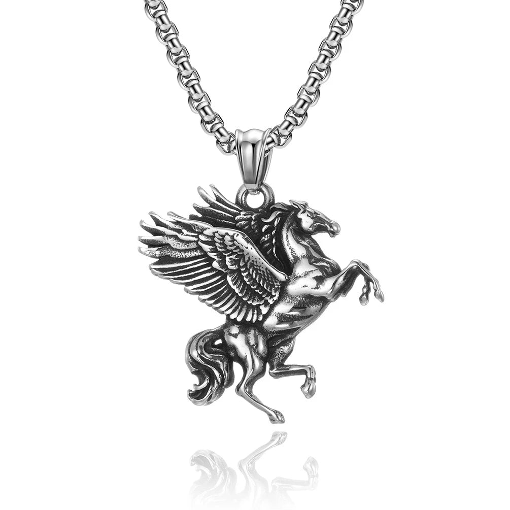 Vintage Stainless Steel Chain Double Winged Pegasus Pendant Necklace Greek Mythology Flying Horse Unicorn Necklace for Men