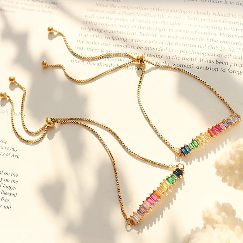 Ins Personalized 18k Gold Plated Stainless Steel Jewelry Classical Hip Hop Colorful Cubic Zirconia Bracelet for Girl