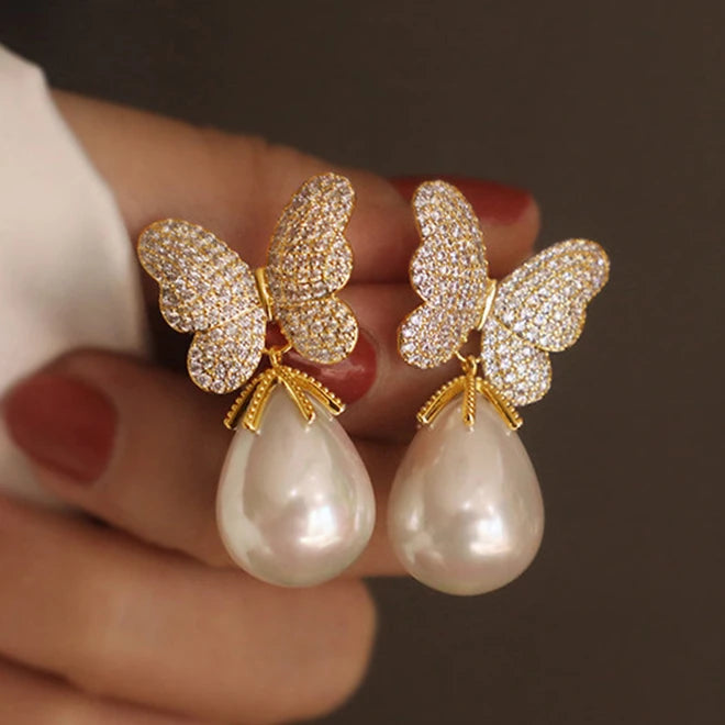 Huitan Women Butterfly Pearl Dangle Drop Earrings for Female Cubic Zirconia Silver/Gold Plated CZ Ladies Bridal Pendant Earrings