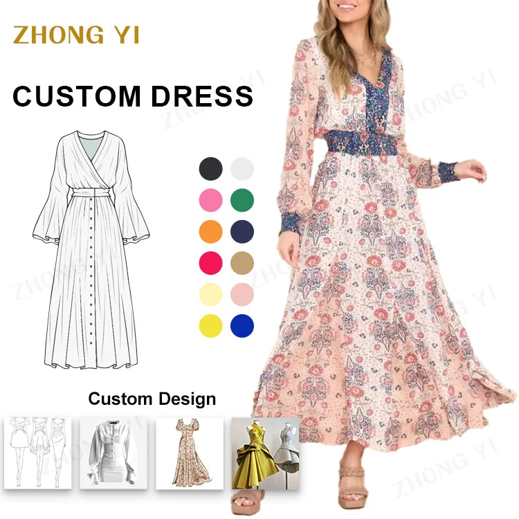 Clothing Factory Wholesale Custom Elegant Floral Print Autumn Casual V Neck Long Sleeve Women Chic Tunic Casual Maxi Dress