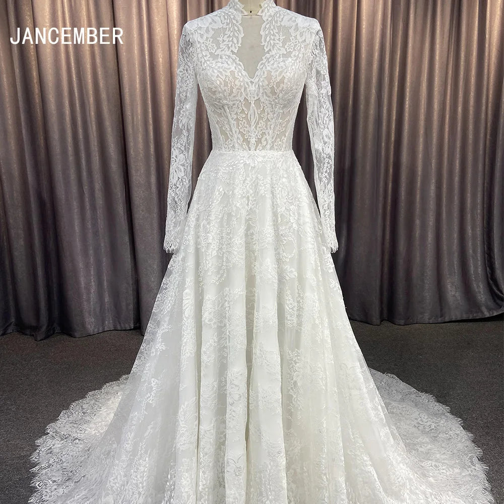Elegant Wedding Dresses Long Sleeve High Neckline Print Floral Bridal Gown Hx21-2