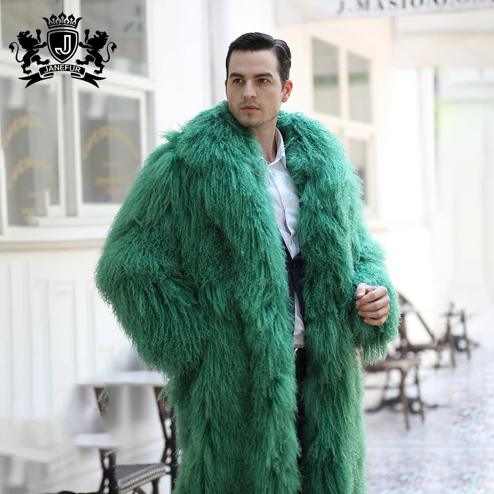 JANEFUR New Arrives Wholesale Solid Color Turn-down Collar Winter Wear Fluffy Fashion Men Long Fur Coat