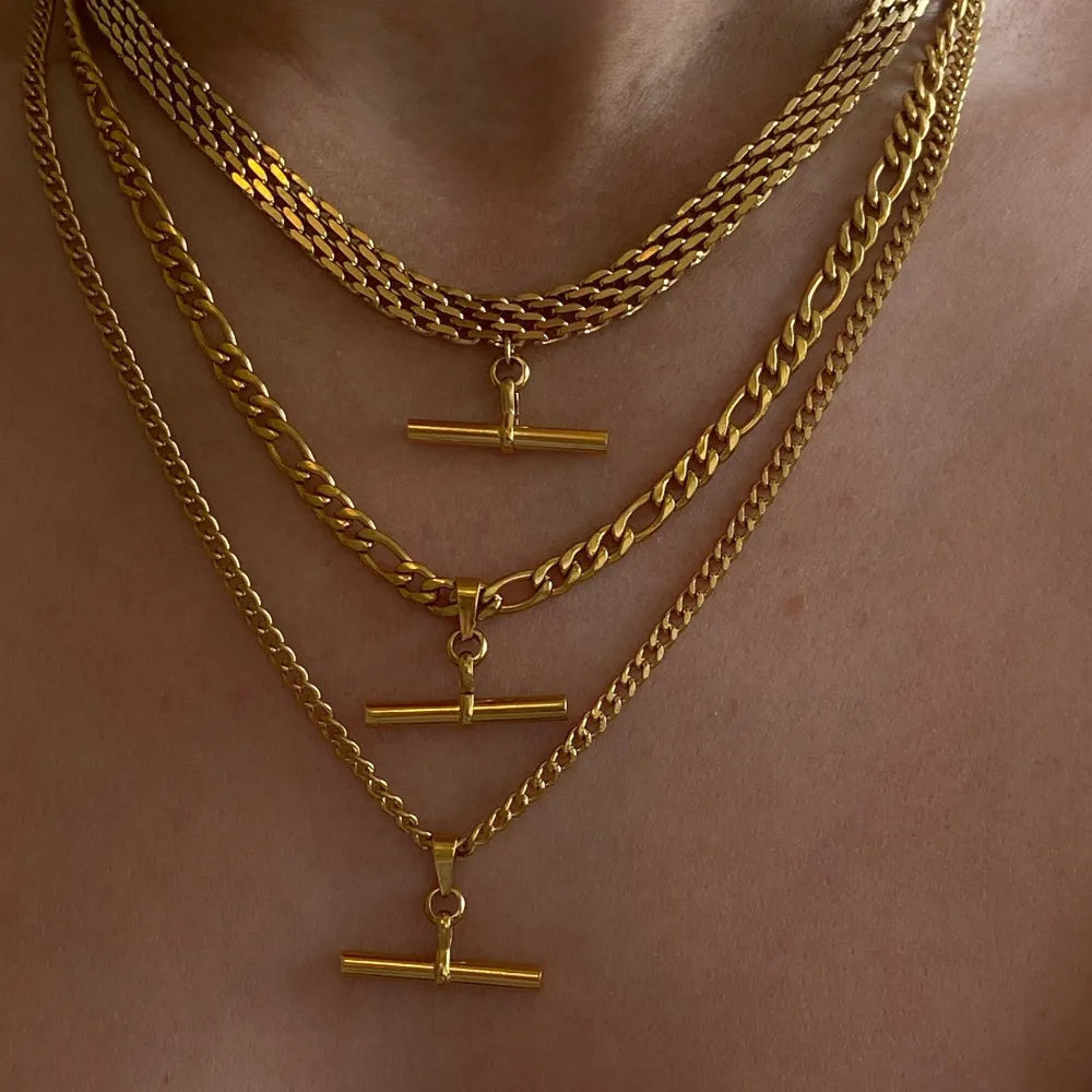 18K PVD  Plated Simple Chic Bar Rope Cuban Figaro Pendant Stainless Steel Gold Necklace for Women Jewelry