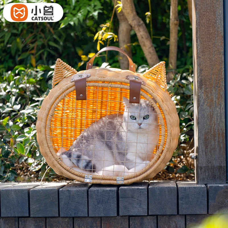 CATSOUL Lovely Design Cat Ear Style Cat Carrier Travel Bag Large Capacity Rattan Weaving Eco Friendly Pet Bags