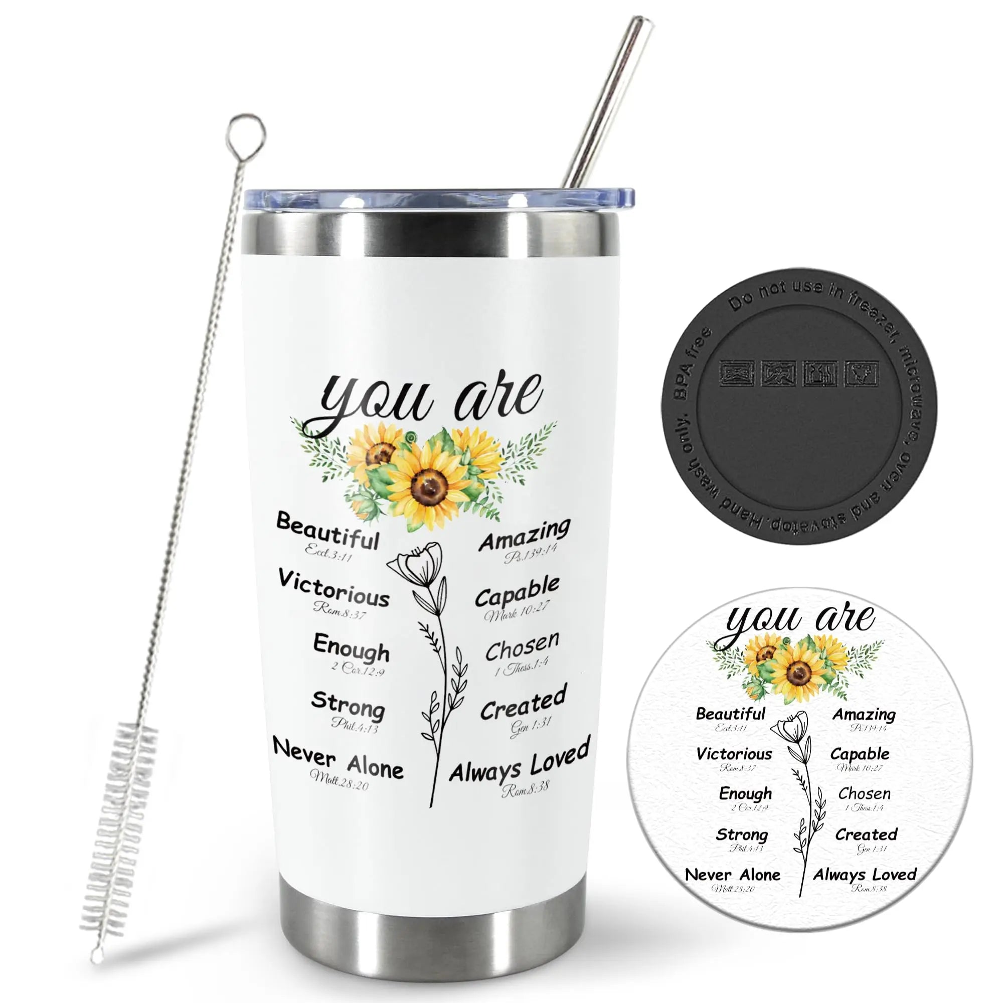 20oz Stainless Steel Insulated Coffee Mug Tumbler with Lid Straw and Brush Flower Design Giveaways Gift