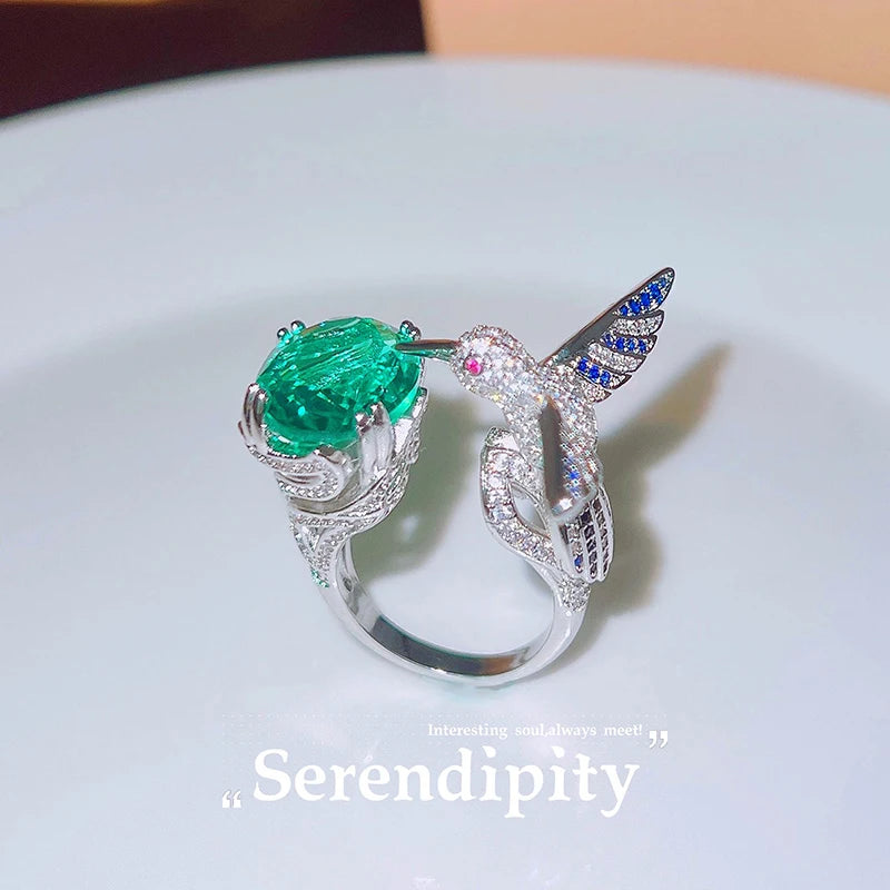 St. M-ary's Classic Open Women's Ring with Princess Cut Aquamarine and Hummingbird Design Wedding Bands or Rings