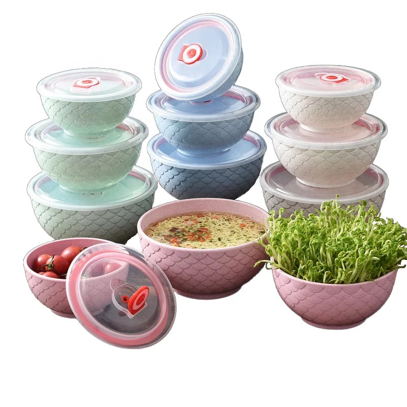 Reusable Bowl with Lid Three/set Eco-friendly Wheat Straw sealed Fresh-keeping Bowl Non-fragile Food Storage Container Lunch Box