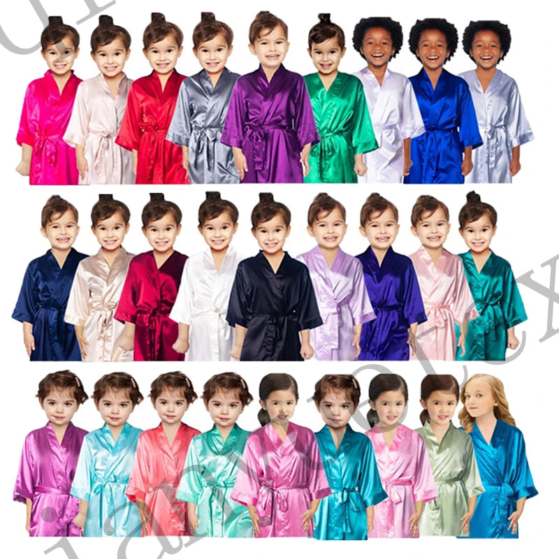 Hot Sale 55 Colors Hot Selling Cute Girls Kids Spa Silk Satin Kimono Robes Bridesmaid Birthday Nightdress Wedding Party Princess