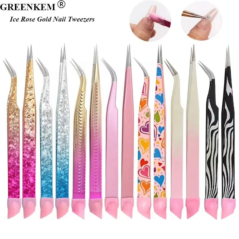 New Custom Logo Manicure Multi-functional Ice Rose Gold Nail Tweezers Nail Art Tool Press Stick Embossing Eyelash Tweezers
