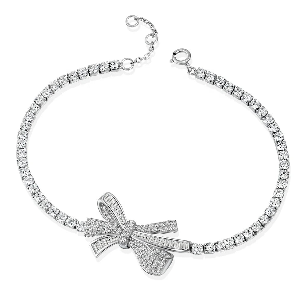 Fashion 925 Silver Rhodium Plated Zirconia Diamond Female Simple Bow Knot Personalized Bracelet