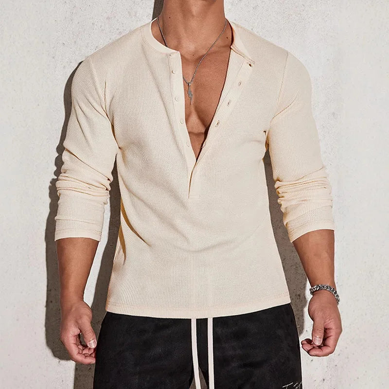 RNSHANGER Men's Henley Polo Shirt Solid Half Button-up Round Neck Stretchy Long Sleeve Polo Shirt Casual Fall Streetwear for Men