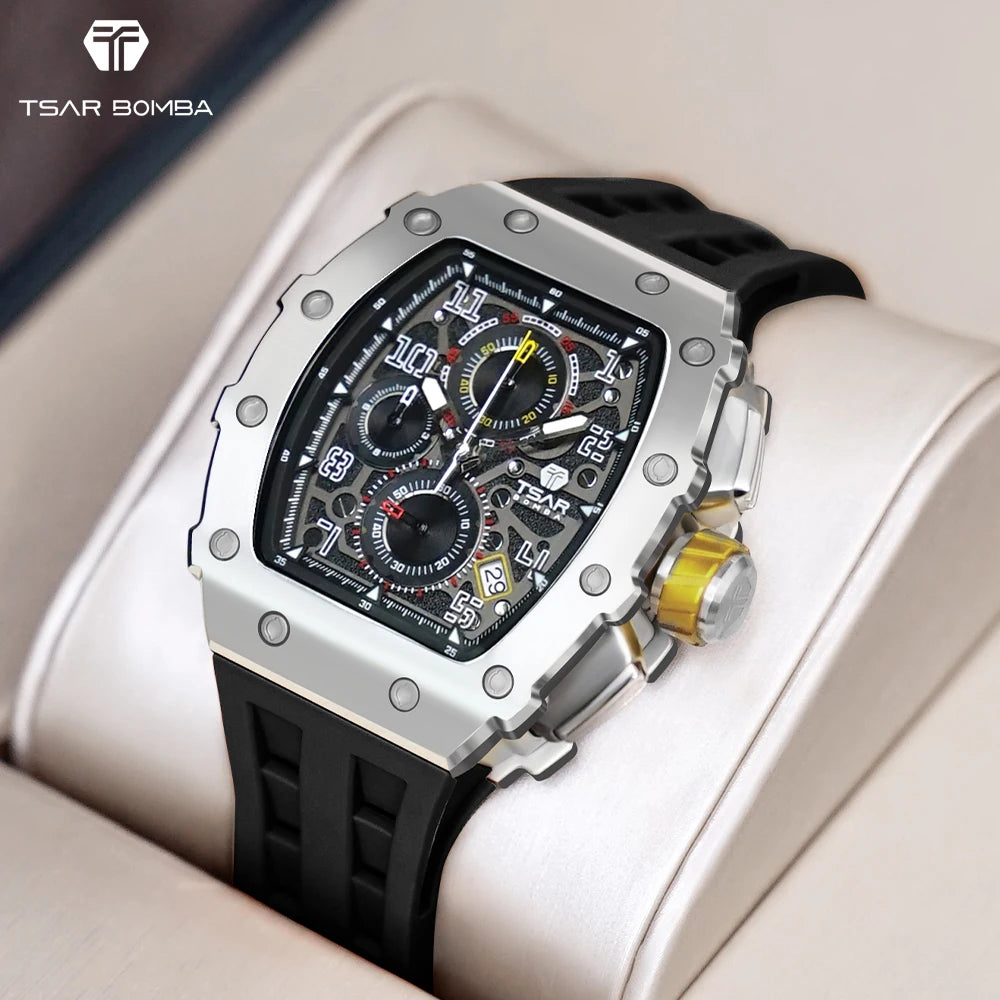TSAR BOMBA Seiko Sapphire Mens Watches Japanese Quartz Stainless Steel Case Silicone Band Water Resistant 5 Bar Fashion Business