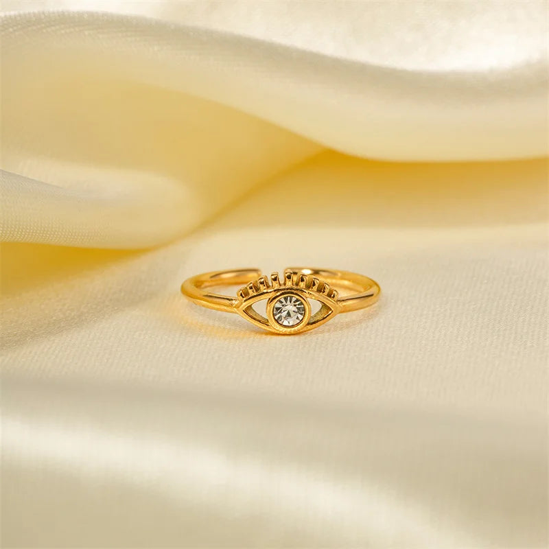 Wholesale Dainty Jewelry Gold Plated Stainless Steel Hollow Zircon Eye Cuff Rings for Women