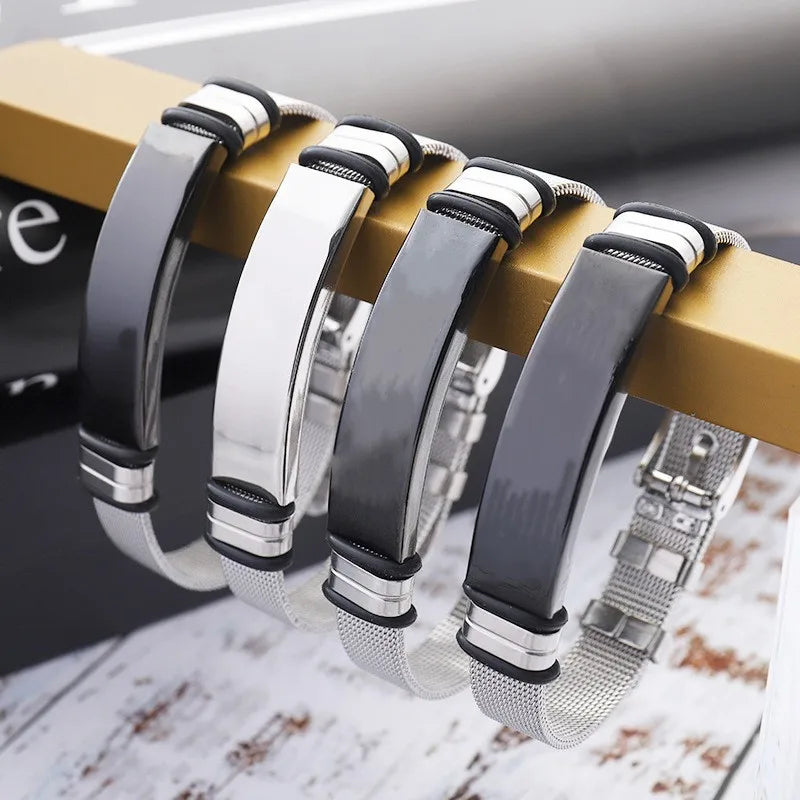Men's Trendy Style Fashion Cuff Bracelet with Customized Logo Unique Belt Buckle Mesh Brand Strap Band Bangle for Gentlemen