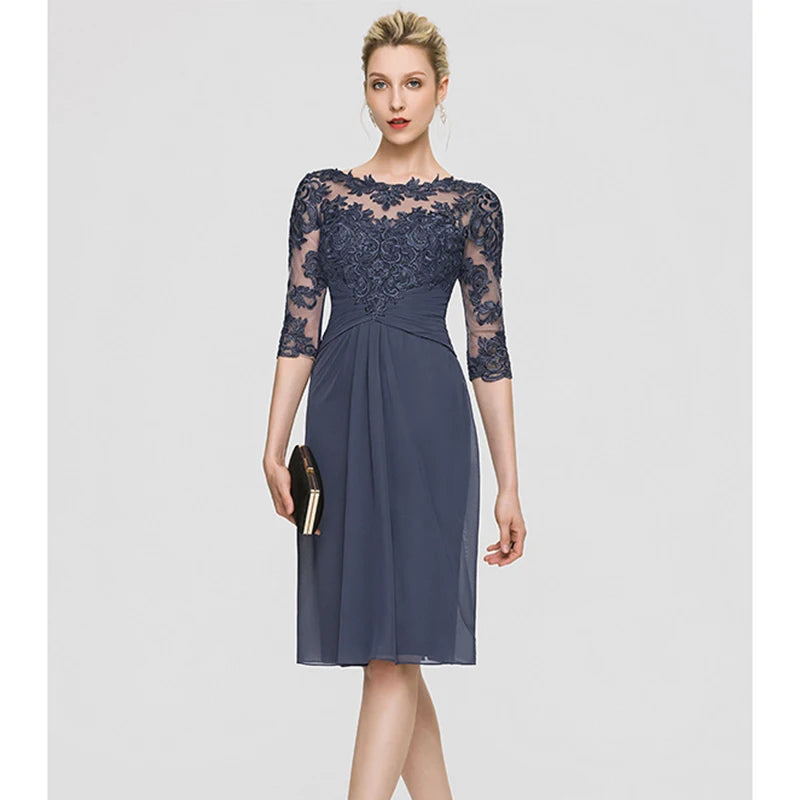 Navy Blue 3/4 Sleeves Appliques Lace A-line V-neck Long Party Gown Mother of the Bride Evening Dresses