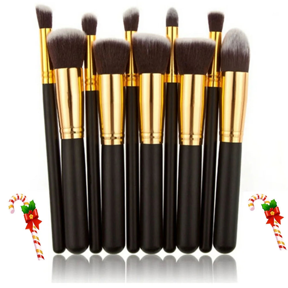 Luxurious Black and Gold Ferrule Makeup Brushes 10 Pcs Kabuki Makeup Brush Set for Christmas Gift
