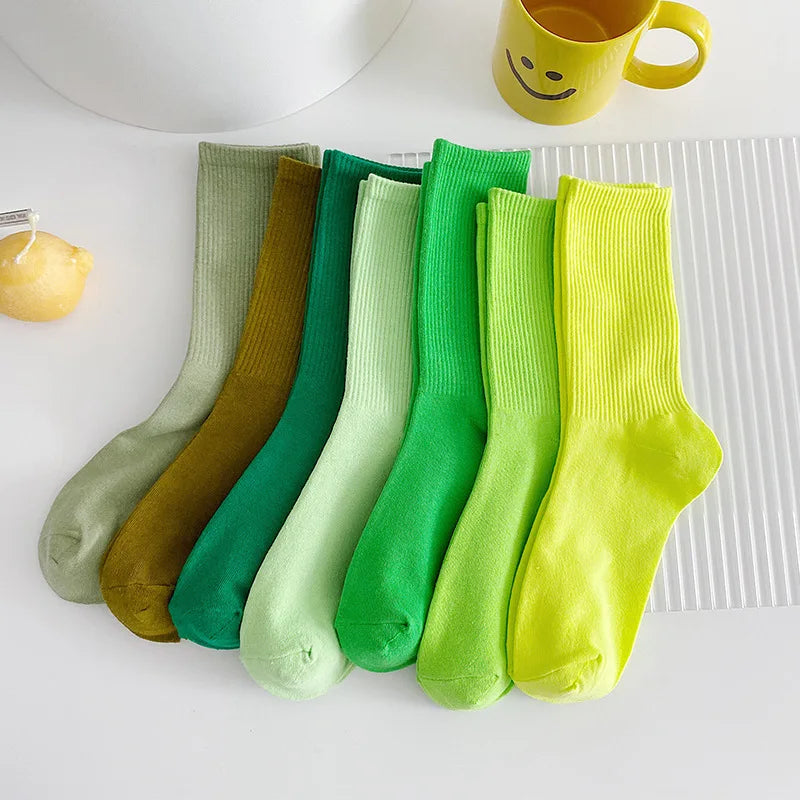 HF Summer Women's Cotton Tube Socks Long Green Fluorescent Fruit Dark Candy Colors Breathable Cartoon Pattern Knitted Technique