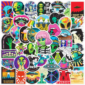 Newly 50pcs Trendy ET UFO Decals for Teens Skateboard Phone case Laptop Cool Mysterious Aliens Sticker