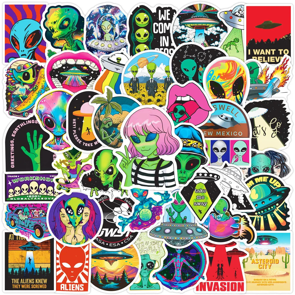 Newly 50pcs Trendy ET UFO Decals for Teens Skateboard Phone case Laptop Cool Mysterious Aliens Sticker