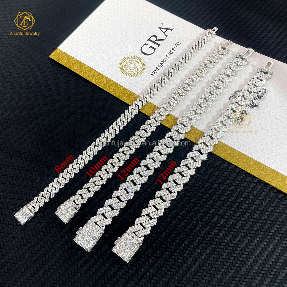 Custom 8mm 10mm 12mm Hip Hop Iced Out Jewelry Pass Diamond Tester 925 Sterling Silver VVS1 Moissanite Cuban Link Bracelet