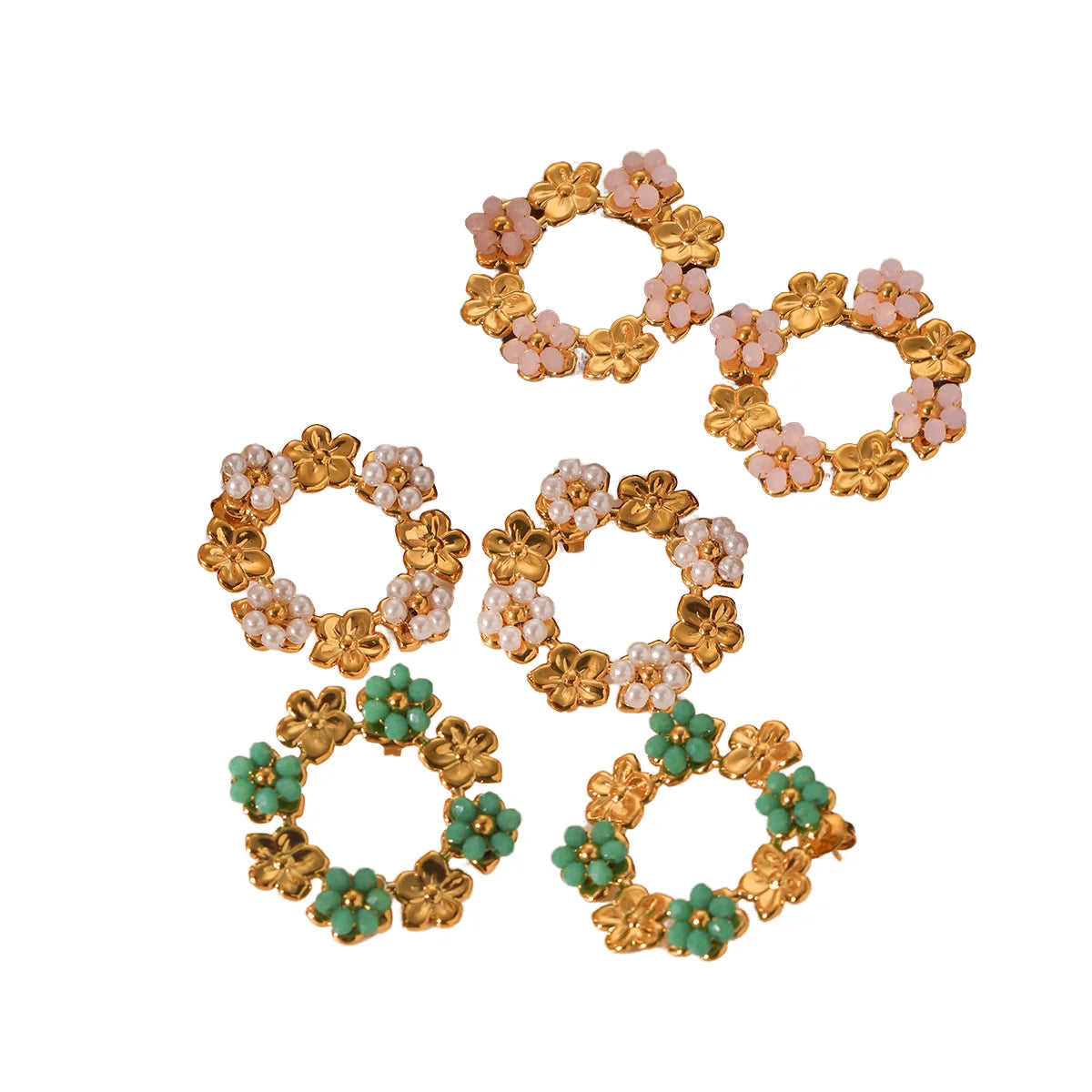18K Gold Inlaid Pearl Flower Stainless Steel Earrings