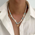 Trendy Scallop Pendant Turquoise Imitated Pearl Necklace for Men Casual Male Bead Choker Collar Fashion Jewelry Accessories Gift