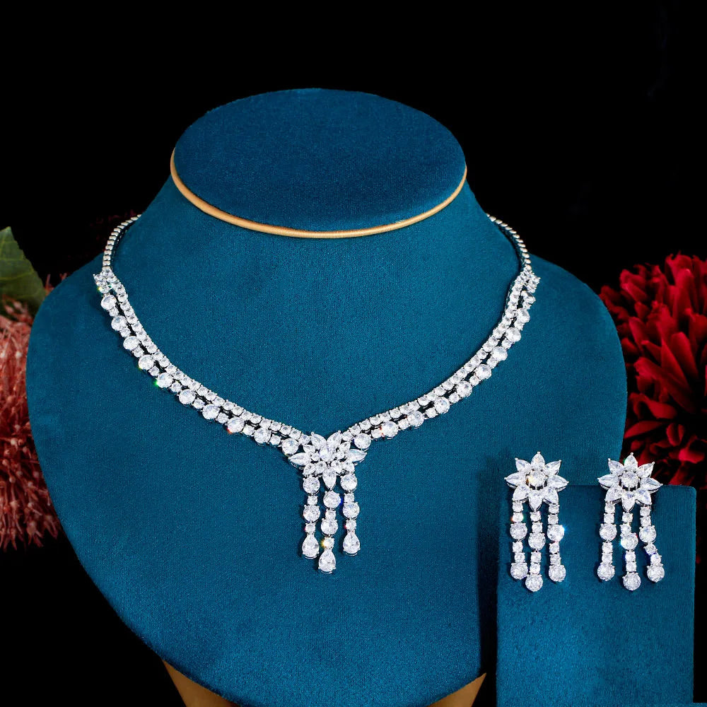 2023 New Design Shining Zircon Flower with Tassel Drop Earrings and Necklace Bridal Jewelry Set for Women Wedding Banquet Party