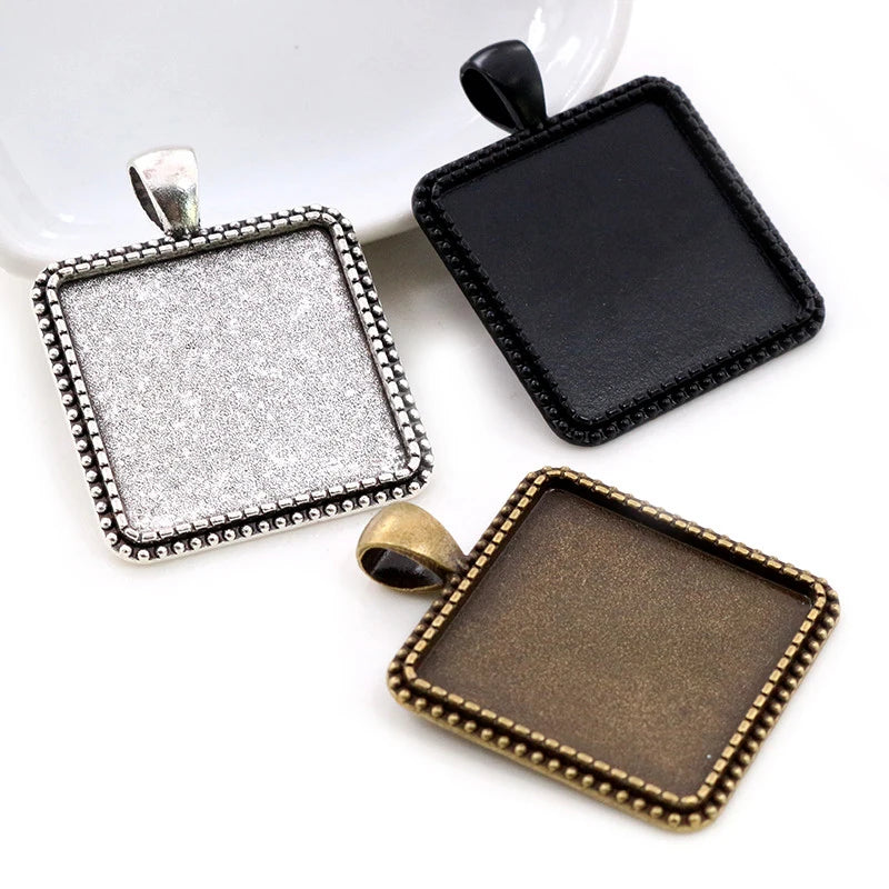 25mm Square Photo Pendant Blank Bezel Trays Fits 25mm Cabochons Blank Base Setting Retro Style DIY Jewelry Making Supplies