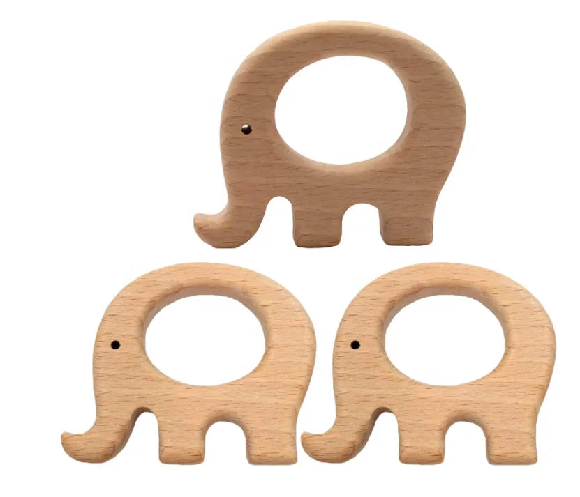 2023 Best Seller Polished Natural Beech Wood Elephant Shape Teethers with Beads Decoration