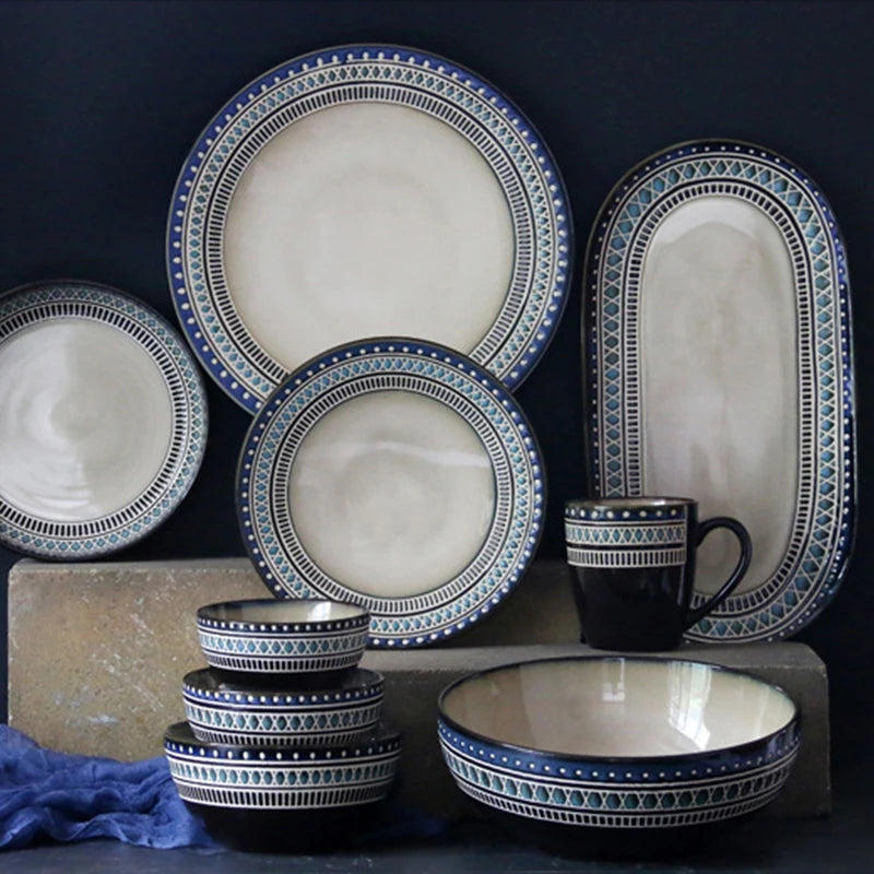 Moroccan Ceramic Tableware Set Bohemian Plate Set Dinnerware Porcelain Round Bowl Oval Plate and Mug