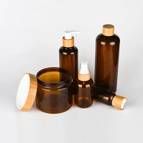 Bamboo Series Bamboo Pump Dispenser with 100ml 250ml 300ml 500ml Amber PET Plastic Shampoo Lotion Bottles for Packaging Use
