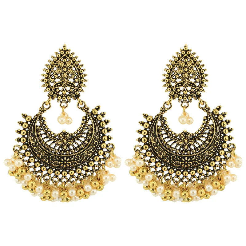 Classic Women's Gypsy Gold Flower Wedding Earrings Boho Jewelry Ladies Retro Tassel Indian Jhumka Earrings Oorbellen Hangers