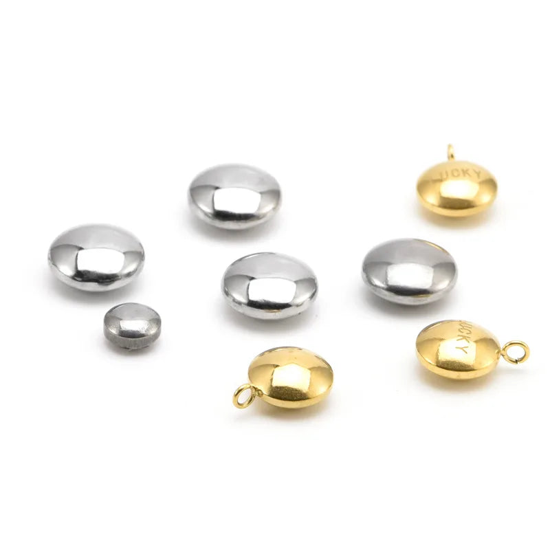 Wholesale Stainless Steel Flat Round Pendant With Loop Mini Gold Plated Lucky Alphabet Engraving Beans Charm for Jewelry Making
