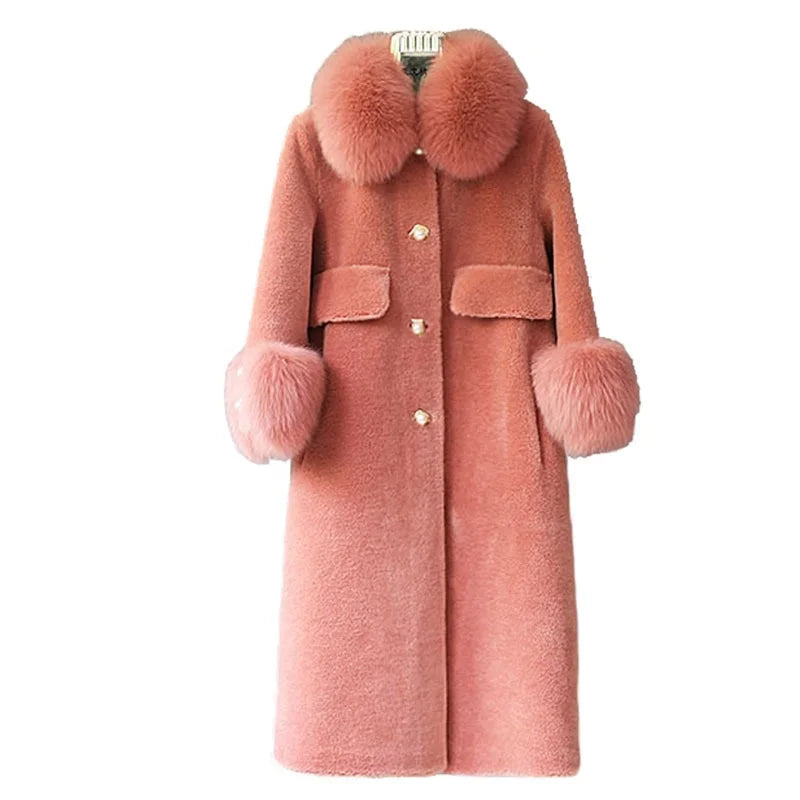 Jtfur Wholesale Wool Trench Fur Garment Women Winter Coats Ladies Fur Collar Sheep Wool Fur Coat