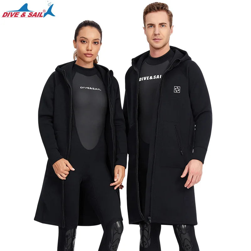 Factory 3mm Hooded Scuba Dive Poncho Outdoor Front Zip Windbreaker Long Black Neoprene Diving Wetsuit Coat With Pockets