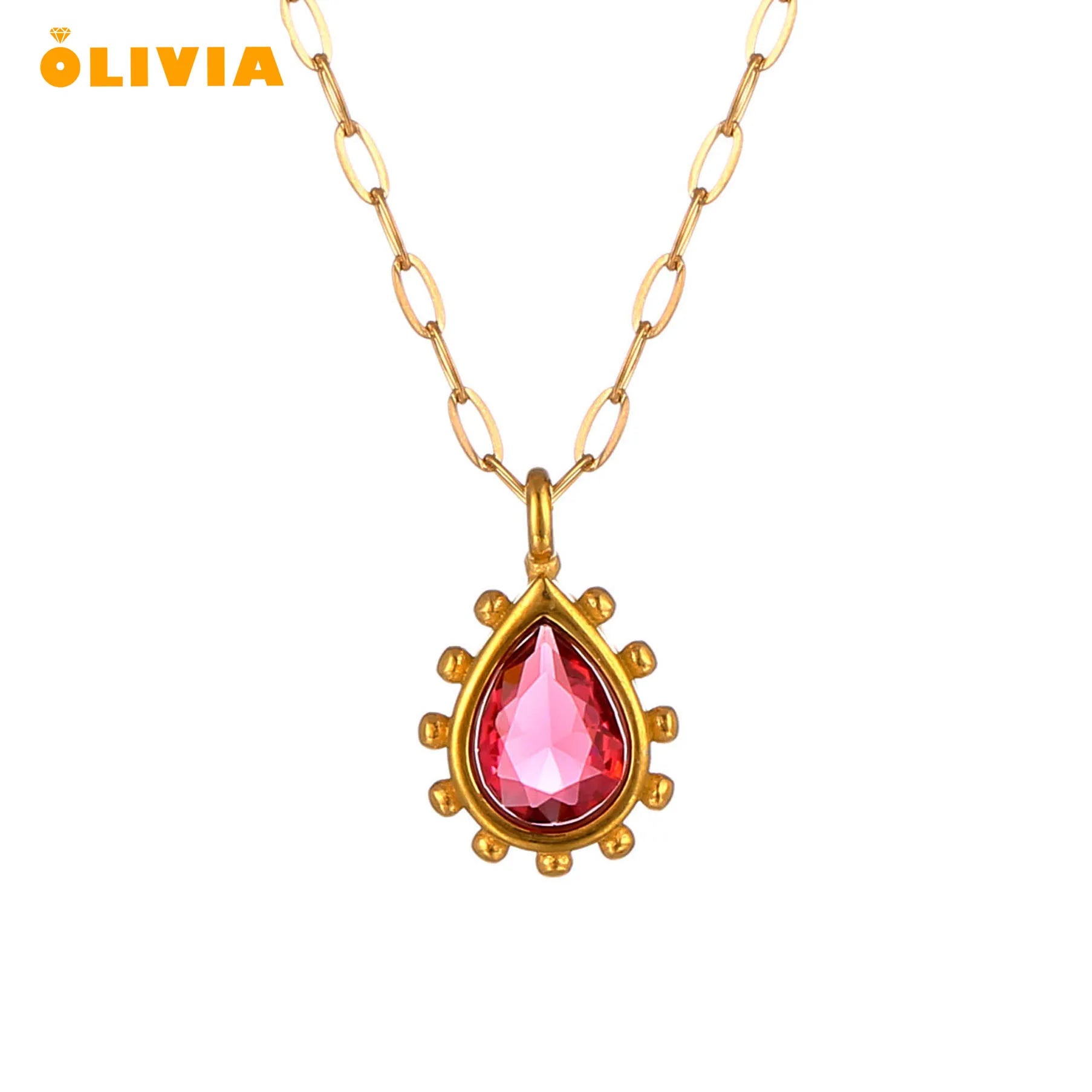 18k Gold Necklace for Women Girl Ruby Teardrop Gem Stone Statement Costume Jewelry Stainless Steel Cubic Zirconia Cz Necklace