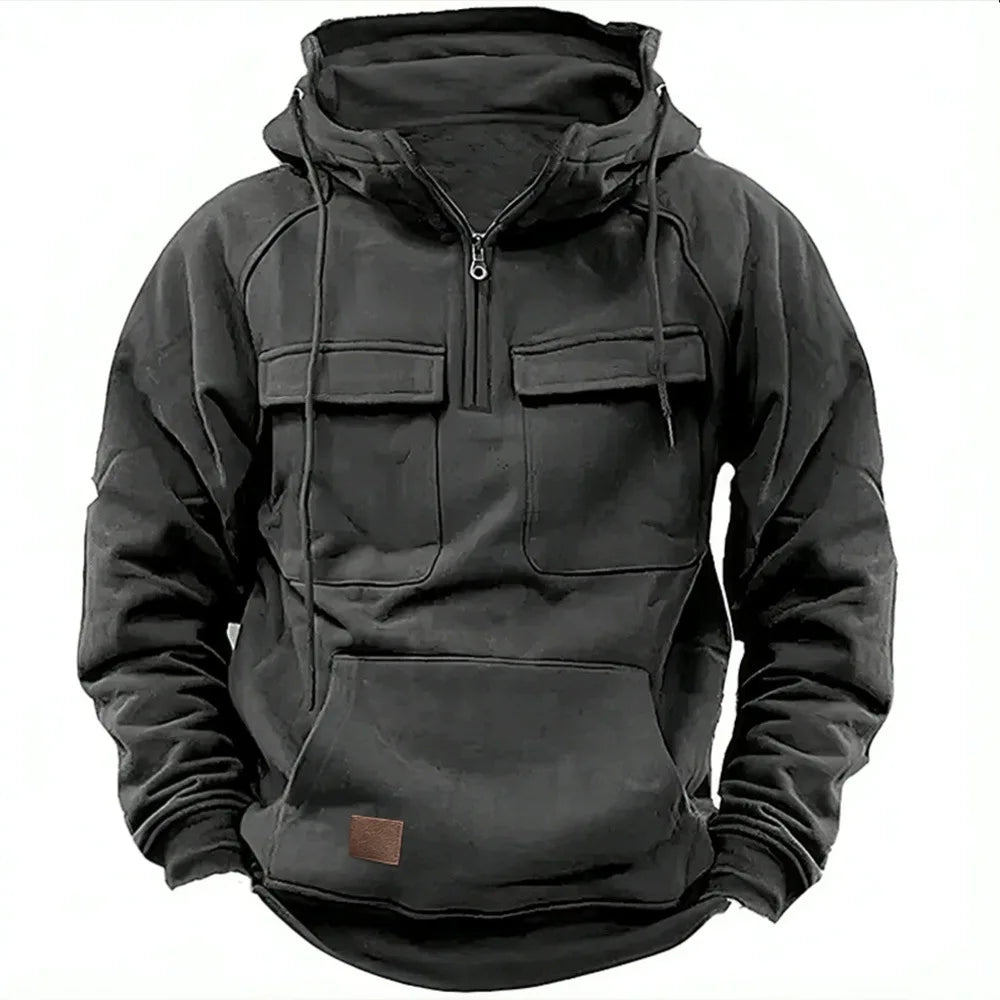 Customized Winter Men's Hooded Solid Color Sweatshirt Sports Multi-Pocket Patch Leather Sweatshirt