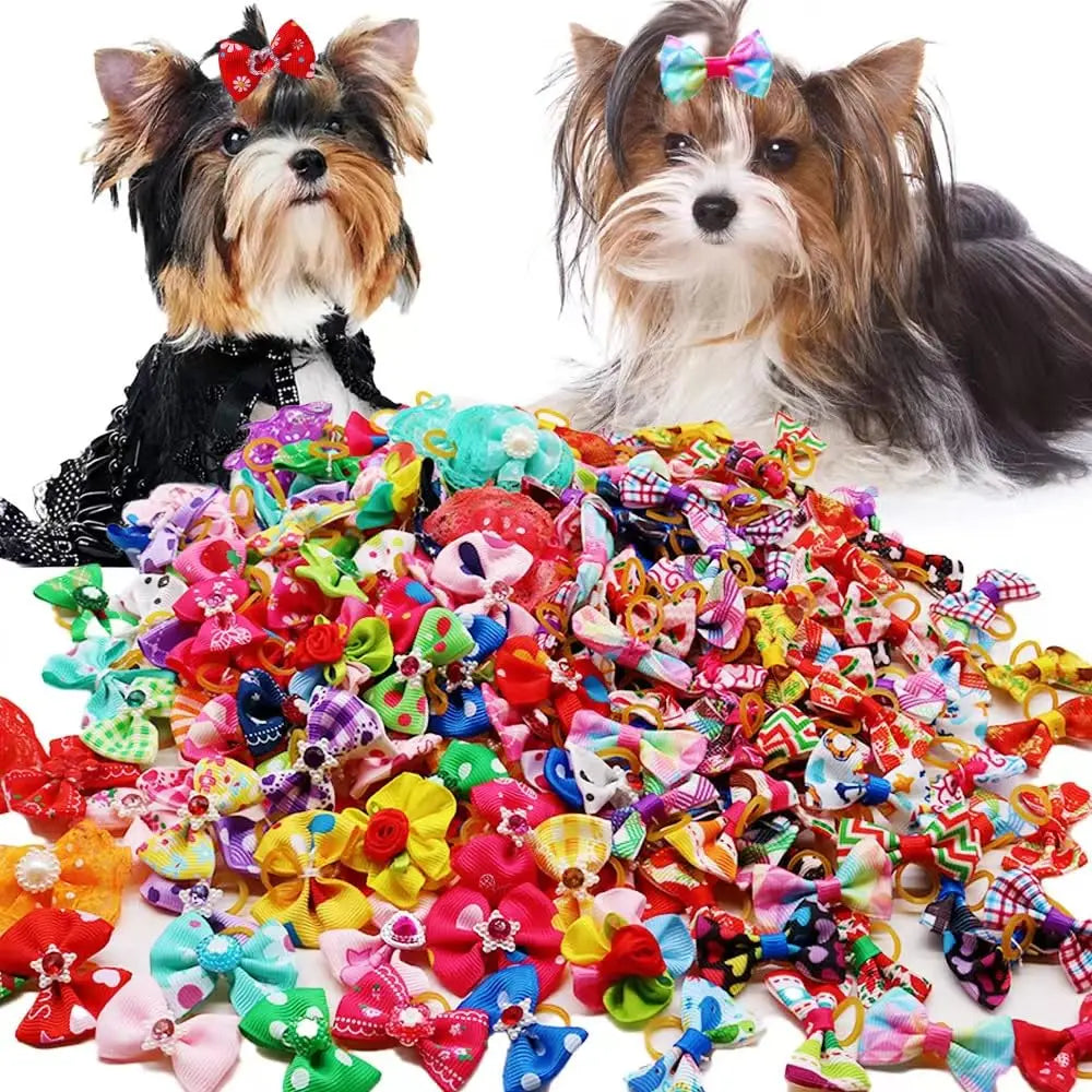 Sweet Small Dog & Cat Hair Bows with Rubber Bands-100% Polyester Winter Puppy Grooming Accessories
