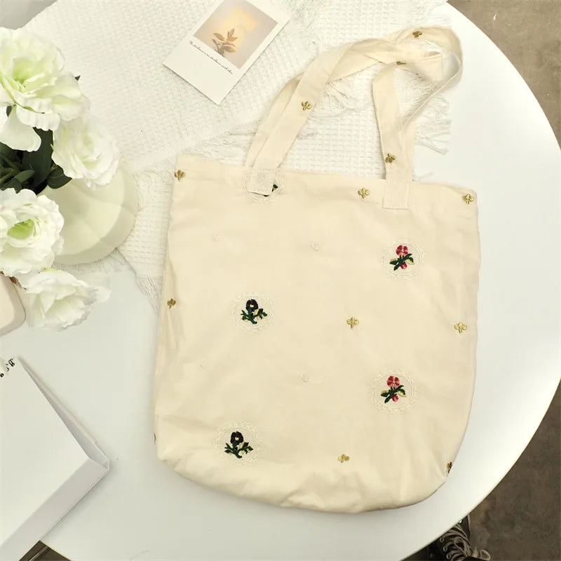 Eco Friendly Blank Sublimation Women's Custom Cute Flower Pattern Embroidery Cotton Canvas Tote Bags
