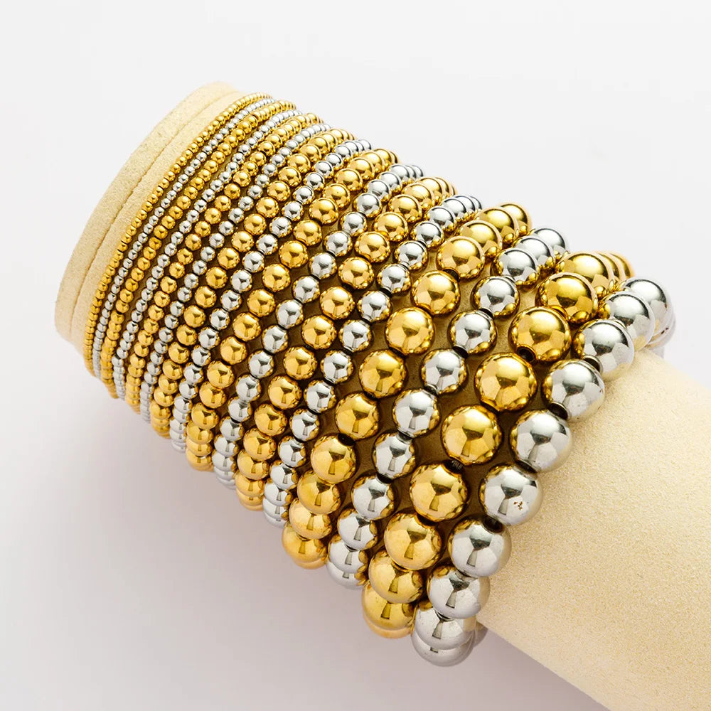 Fashion Handmade 18K Gold Plated Beaded Bracelets Waterproof Stretch Beads Stainless Steel Solid Bracelet Jewelry YF3490