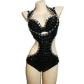 Sexy Black Strappy Hollow Out Bikini Crystal Bra Bodysuits Women Nightclub Bar Showgirl Stripper Pole Dance Performance Wear